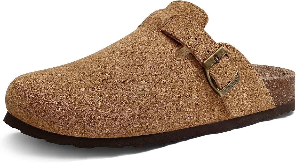 ODOLY Genuine Suede Clogs for Women Men Soft Cork Footbed Leather Mules Comfort Potato Shoes with Arch Support