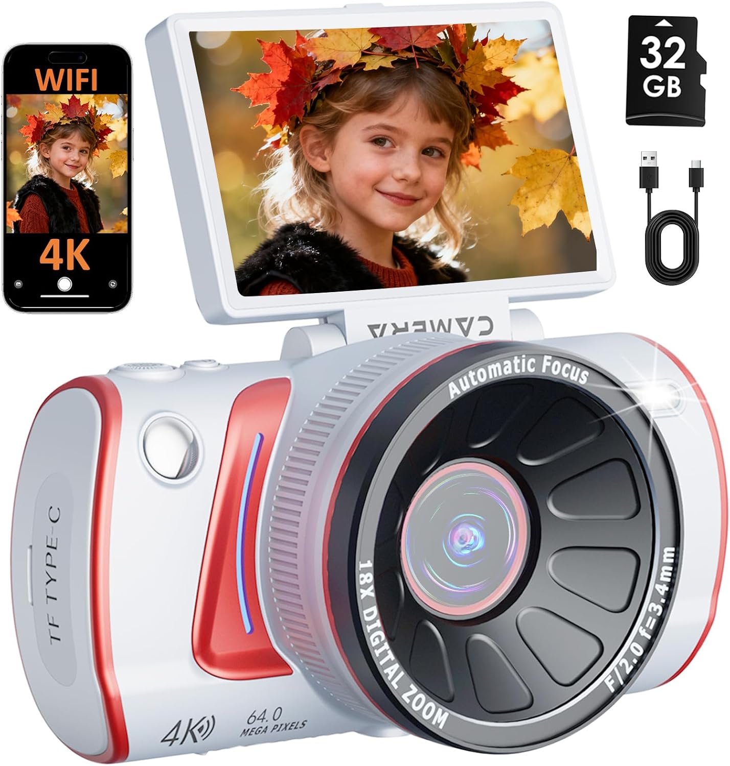 4K Digital Camera Photography, Video Blog, 64MP WiFi Video Camera, 3 Inch 180° Flip Screen, 18x Digital Zoom, Compact Point & Shoot Camera with 32GB SD Card - YouTube, White for Selfies