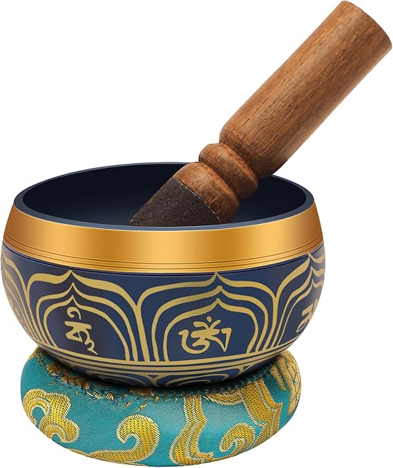 Serenity Tibetan Singing Bowl Set Handmade Blue & Gold Sound Bowl with Cushion & Mallet for Meditation, Yoga, Chakra Healing, Reiki & Mindfulness (4 Inch)