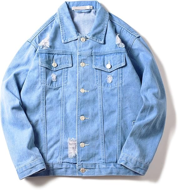Mens Classic Urban Loose Ripped Jean Denim Jacket with Hole