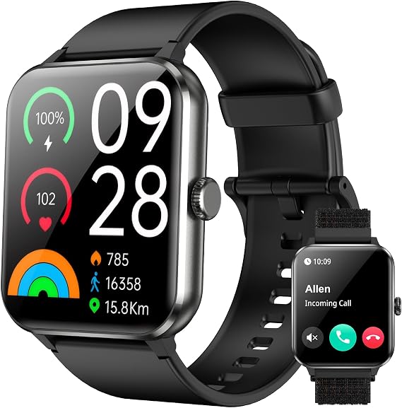 Smart Watch,1.85'' HD Smartwatch for Men Women(Answer/Make Call), Fitness Watch with Heart Rate/Sleep/Spo2/IP68 Waterproof/100+ Sports Modes, Pedometer, Activity Tracker for Android & iOS (2 Straps)