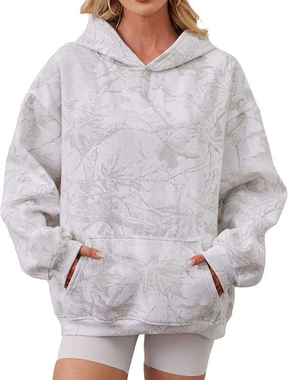 TERIVEEK Women Camo Hoodies Oversized Maple Leaf Fleece Hooded Sweatshirt Long Sleeve Fall Trendy Pullover Hoodie with Pocket