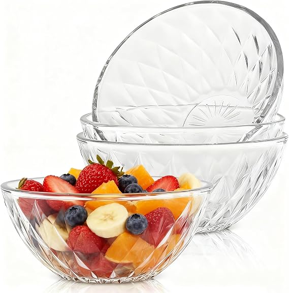 4-Piece Set Glass Bowls, 300ml/10.6oz Trifle Bowl Dessert Bowls, Stackable Diamond Salads Bowls Fruit Bowl Serving Bowls for Salad, Cereal, Dessert, Fruit, Candy, Yogurt, Snack, Cream, Pasta
