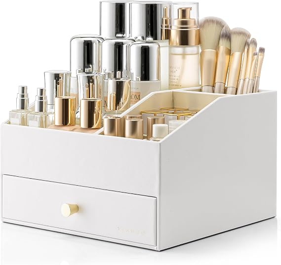 VLANDO 2-Layer Makeup Organizer Countertop with Drawers for Vanity,White