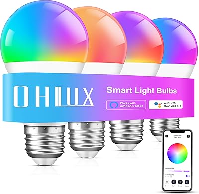 OHLUX Smart WiFi & Bluetooth Alexa Light Bulbs, 10W 100W Equivalent Color Changing Light Bulbs with Music Sync,Compatible with Alexa Google Home Siri, A19 E26 900LM 4Pack