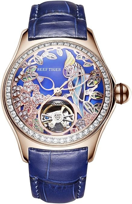 REEF TIGER Womens Luxury Fashion Watches Waterproof Watches Diamonds Pink Dial Automatic Watches RGA7105