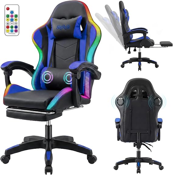 RGB Gaming Chair with Massage & Footrest, Built-in Speakers Chair