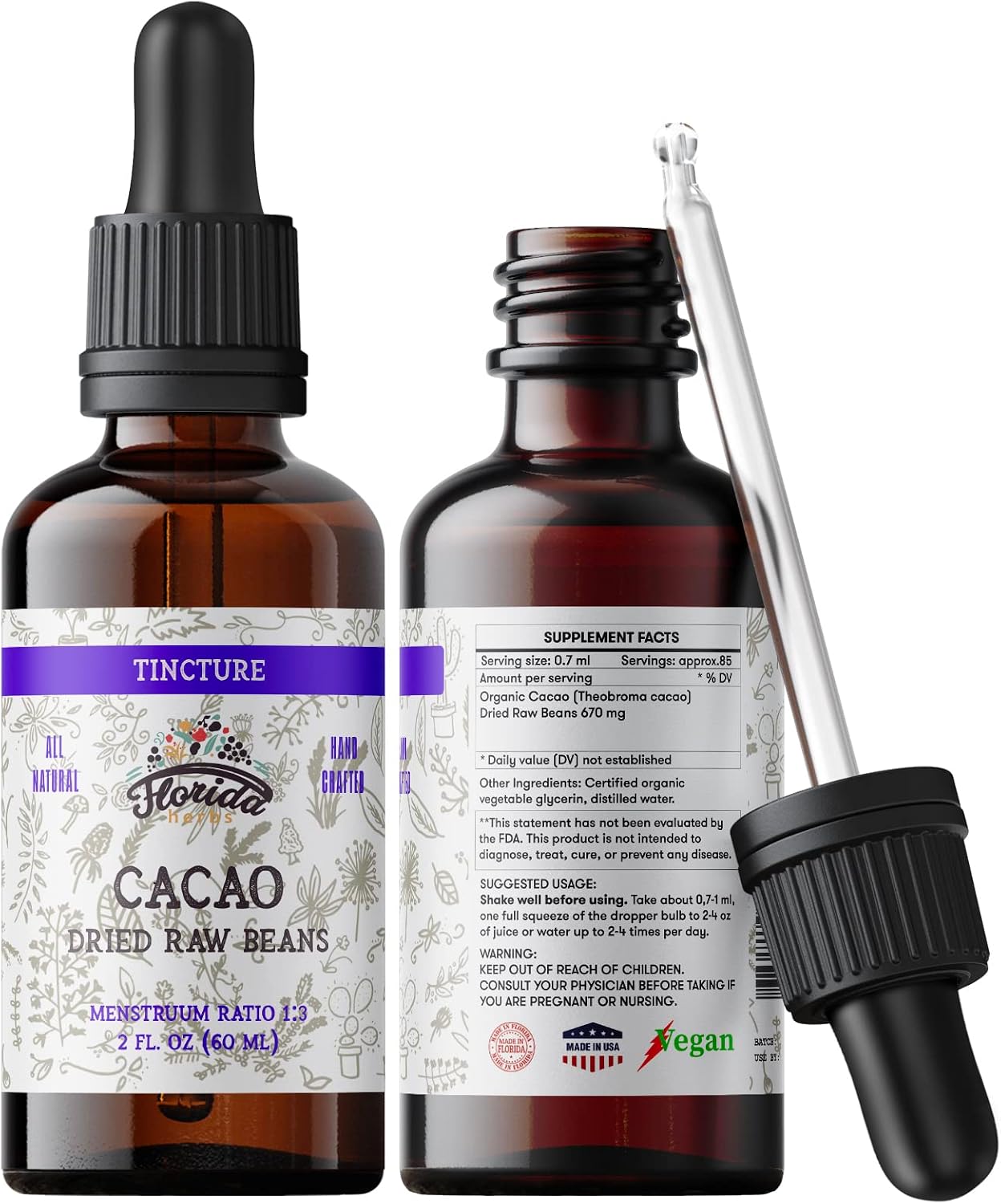 Cacao Tincture, Organic Cacao Extract Theobroma Cacao Dried Raw Beans, Non-GMO in Cold-Pressed Organic Vegetable Glycerin 2 oz, 670 mg