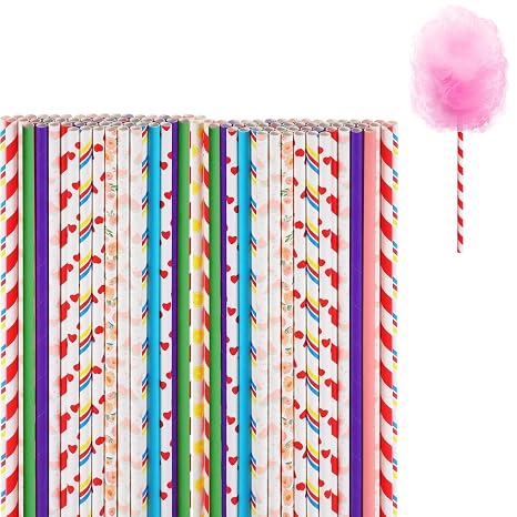 100 PCS Candy Floss Sticks, Various Patterns Paper Straws Cotton Candy Supplies Colorful Cotton Candies Sticks, Cute Candyfloss Stick Suitable for Home Use Dessert Shops and Parties