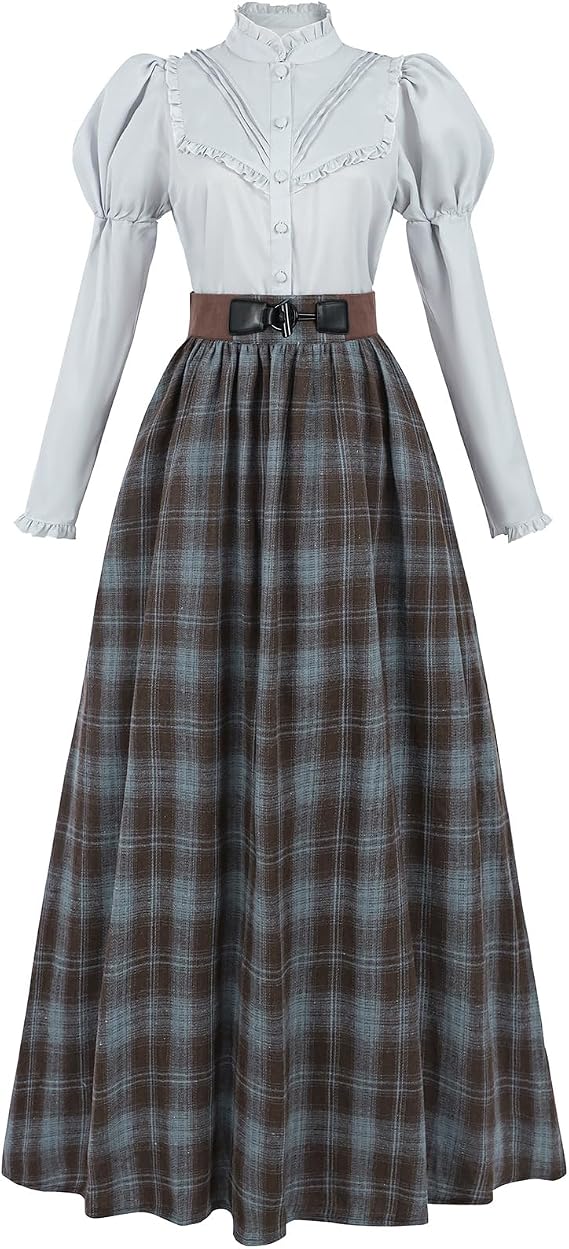 Edwardian Victorian Dress for Women 2-Piece 1800s Plaid Victorian Costume Ball Gown with Pockets