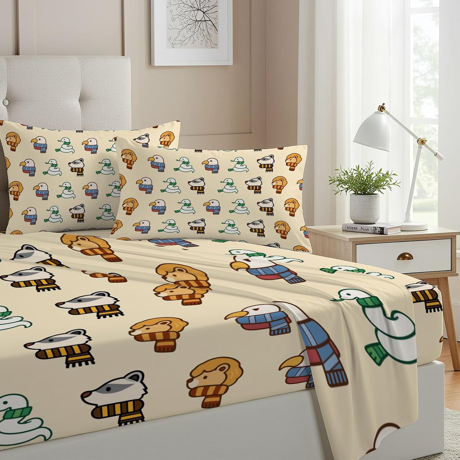 Allenjoy Magic Cute Animals Sheets Set with Fitted Sheet, Flat Sheet and 2 Pillowcases for Boys Girls Kids Teens Fans Bedding Bedroom Decor, Queen Size