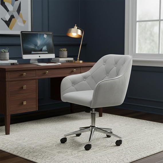 Alivio Velvet Height Adjustable Office Chair, Tufted Accent Armchair with Chrome Base & Wheels (Grey)