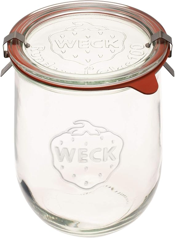 Weck Tulip Jar Rubber Sole & Two Metal Clamps Food Storage Jar Round Preserve Container Clear Preserving Seal Wire Clip Fastening Kitchen Canning Cereal Sugar Beans Spice - 33.8 fl. oz Single 1 liter