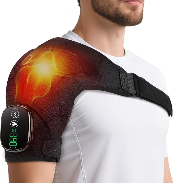 Cordless Shoulder Heating Pad with Vibration for Rotator Cuff Pain Relief, FSA Eligible HSA Heated Shoulder Massager, Rotator Cuff Support Brace with 3 Heating Levels &3 Vibration (Black)