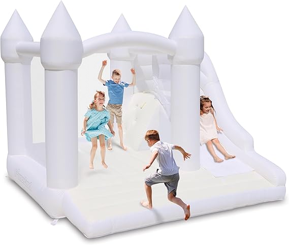 Bounceland Castle Palace Daydreamer Cloud Bounce House, 10.8 ft L x 9.8 ft W x 8.7 ft H, Basketball Hoop, UL Blower Included, Trendy Neutral Color, Fun Slide & Bounce Area, Castle Theme for Kids