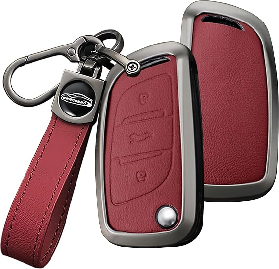 Folding 3 Button Key Fob Cover Compatible with Peugeot 407 308 3008 5008 408 HU83 CE0523 Citroen C3 C4 Picasso C5 X7 Key Case Leather&Alloy Material Accessories-A Keychain Red