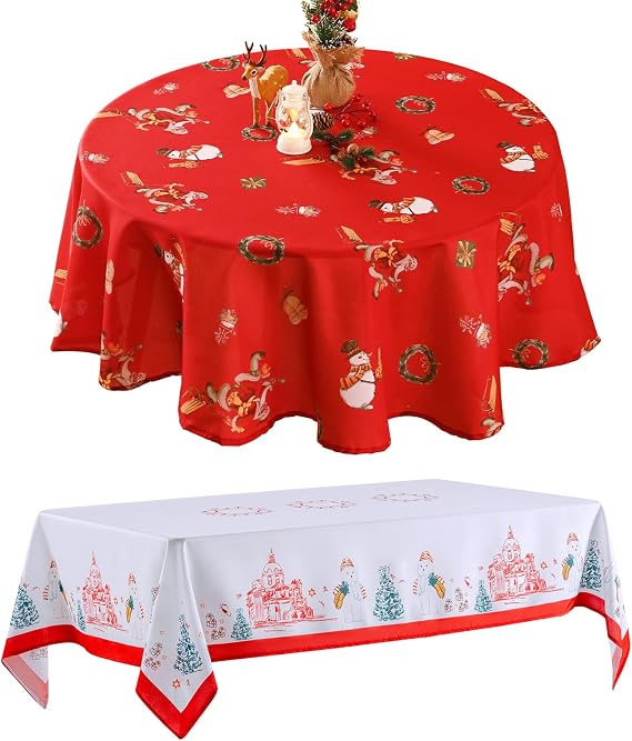 VidaFete Christmas Santa Claus Tablecloth, Round Red Table Cloh Polyester with Snowman Pattern,Waterproof Wipe Clean Holiday Table Cover for Xmas Dining Parties Home Decoration, 60inch Round