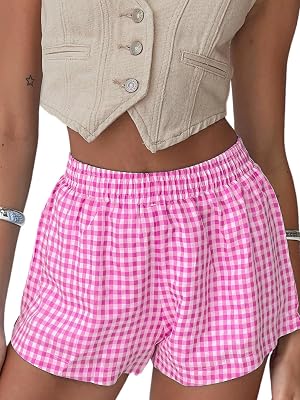 Chunoy Womens Plaid Boxer Shorts Summer Casual Gingham Pajama Bottoms Short with Pockets