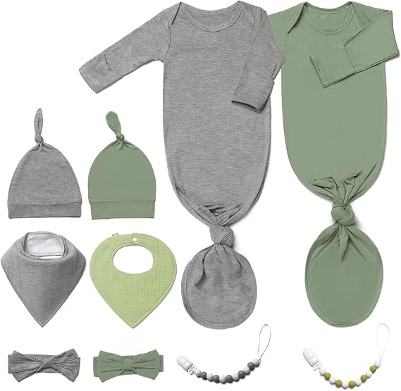 2PK Ultra Soft Knotted Newborn Sleep Gown for Baby Girls Boy- Coming Home Hospital Outfit with Hat, Bow, Clip & Drool Bib Set