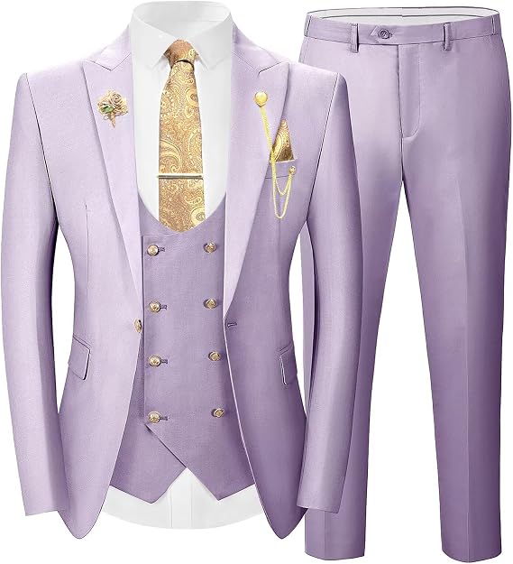 Wangyue 3 Pieces Suits for Mens Slim Fit Gold Button Double Breasted Suit Men Tuxedos Wedding Suits Set Mens White Suit