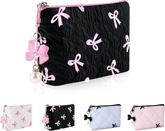 Quilted Mini Makeup Bag for Purse, Cute Bow Coin Purse, XS-Black