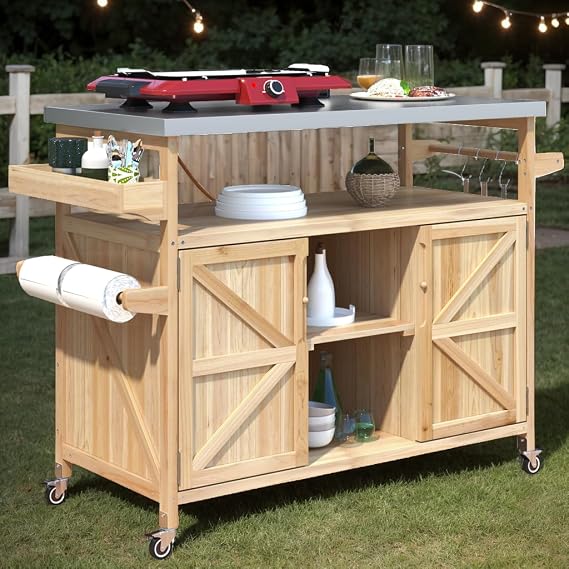 Outdoor Grill Carts with Stainless Steel Top, BBQ Carts Food Prep Table for Patio Graden, Rollling Kitchen Island with Shelves, Spice Rack, Towel Rack(Natural Wood)