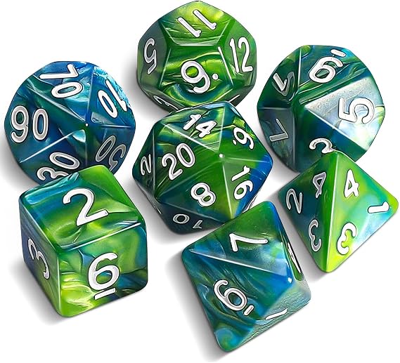 QMAY DND Dice Polyhedral Dice Set - 7 Pieces for Dungeon and Dragons MTG RPG D&D D20, D12, D10, D%, D8, D6, D4 (Blue mixed Green)