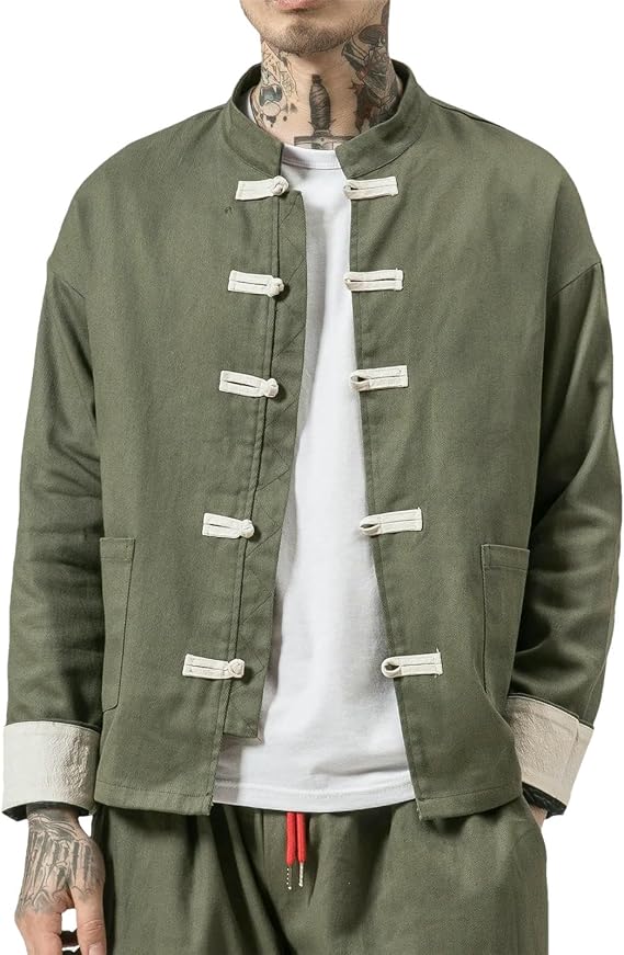 Mens Traditional Tang Suit Thin Jacket Casual Mandarin Collar Coat Frog Button Vintage Chinese Shirt Kung Fu Tai Chi
