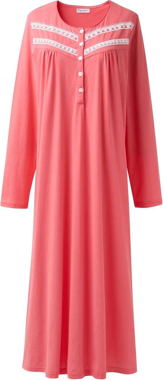 Keyocean Nightgowns for Women, Soft Cotton Comfortable Lightweight Long-Sleeve Ladies Night Dresses