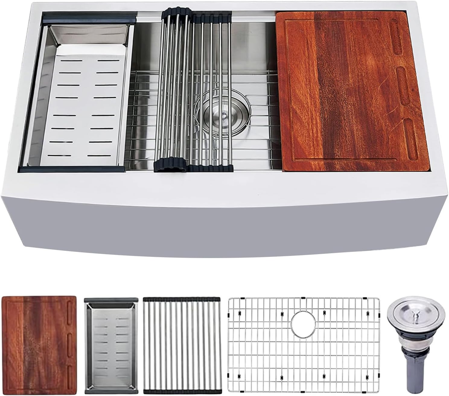 VAPSINT 33 Inch Farmhouse Kitchen Sink, 33x20x9 Inches Stainless Steel Undermount 16 Gauge Deep Single Bowl Apron Front Workstation Ledge Farm Sink with Accessories