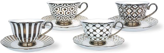 heritage Fine Bone China Cups and Saucers Set, 4 Pieces, Geometric Patterns Free UK DELIVERY