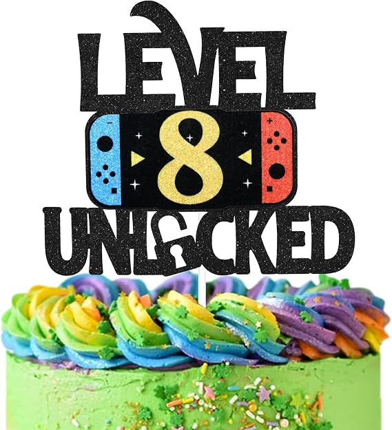 Level 8 Unlocked Game Birthday Cake Topper - Video Game Boy's 8th Birthday Game On Party Cake Supplies - Gaming Level Up Winner Party Decoration