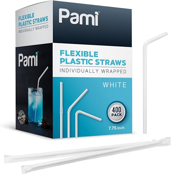 PAMI Flexible Plastic Bent Straws 7.75 in,Individually Wrapped,BPA-Free,400