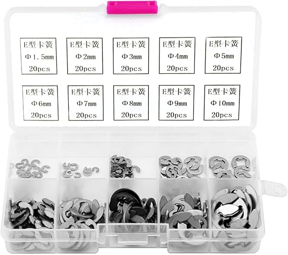 200pcs Stainless Steel E-Clip E-Ring Retaining Ring Assortment M1.5-M10, E-Clip External Retaining Circlip Assortment Kit