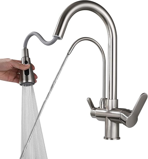 Brass 3 Way Swivel Spout Kitchen Taps with 2 Handles - Mixer Tap for Sink with Pull Out Spray and Water Filter