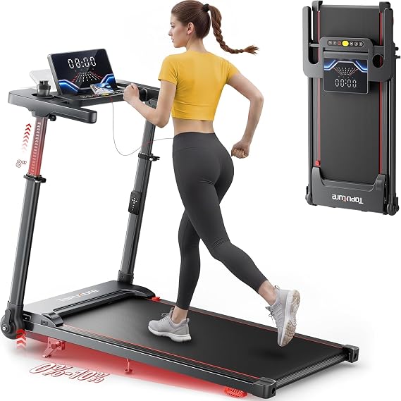 TOPUTURE Walking Pad Treadmill with Adjustable Handle Bar & Incline, Foldable Treadmills for Home Office, Portable Walking Pad with Desk, LED Display, App & Remote Control