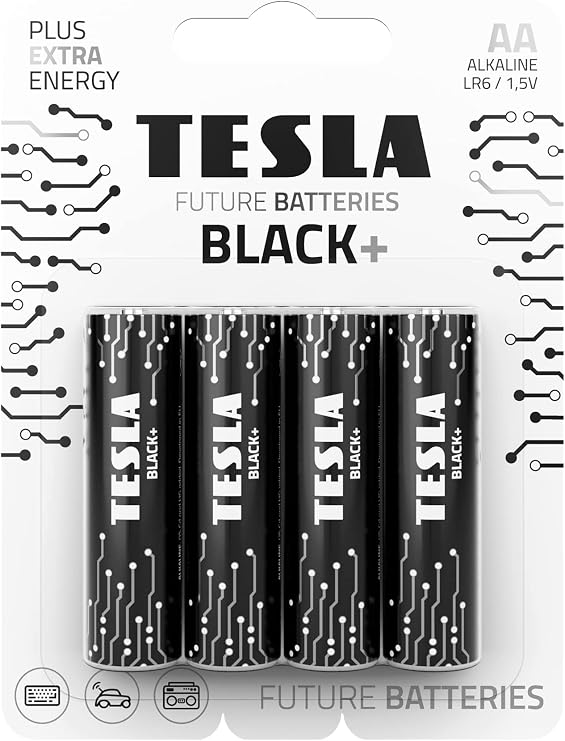 Tesla Batteries Black+ AA Maximum Power Alkaline Batteries, 10- Year Shelf Life, A Long-Lasting Battery Life, Leak-Free, LR06, 4 Count [Pack of 1]