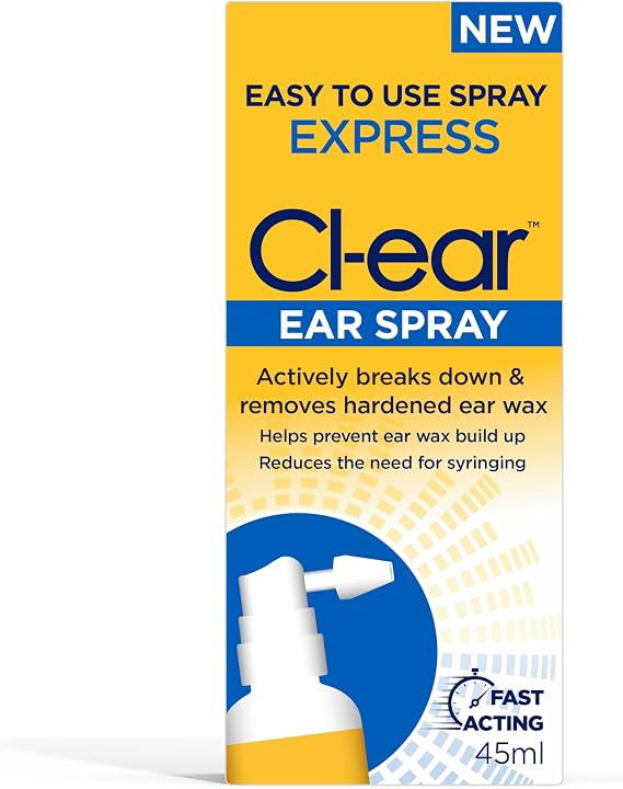 Cl-Ear Express Ear Spray - Natural Ear Wax Removal - Softens Build-Up, Dissolves Earwax, Cleaning Solution for Clogged Ears - Suitable for Adults, Elderly, Children 3 yrs and up - 45ml