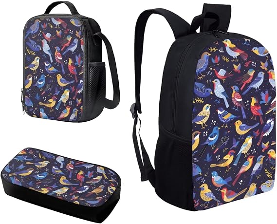 Horeset Small Bird Print Backpack Set Boy School Bags with Picnic Lunch Bag Pen Case Bag, Students Book Bag Portable Daypack Large Capacity Rucksack for Primary School