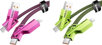 SHEZI 2 Pack Cable Bundle, 4 in 1 60W USB C Cable 5FTGreen with 4 in 1 USB C Cable 60W 5FTPink Bundle