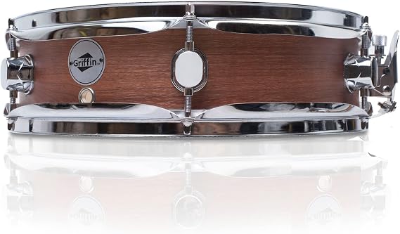 GRIFFIN Snare Drum 13"x3.5" Poplar Shell (Piccolo littleSNAP Series) with Flat Hickory Finish, Coated Drum Head, Snare Throw Off & Marching Kit Use