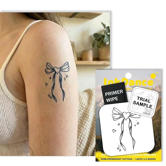 Semi-Permanent Tattoo, Sparkling Sweetheart Bow, Long Lasting Temporary Tattoos, Waterproof Plant-Based Ink, Lasts 1-2 Weeks, Color Develops in 24 Hours X216