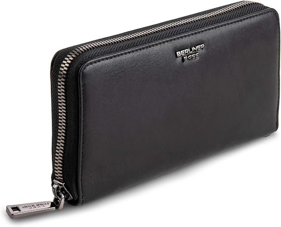 BERLINER BAGS Genuine Leather Zip Wallet Women Lyon, Gift Box Black | Soft Leather Zip Around Wallet, Fits up to Phone 6.9", 15 Card Slots, 1 ID Window, 3 Bill Slots, 1 Coin Pocket, RFID Blocking