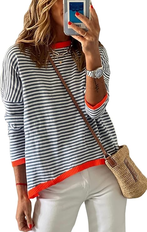 Cuptacc Women's Elegant Striped Sweatshirt Crew Neck Casual
