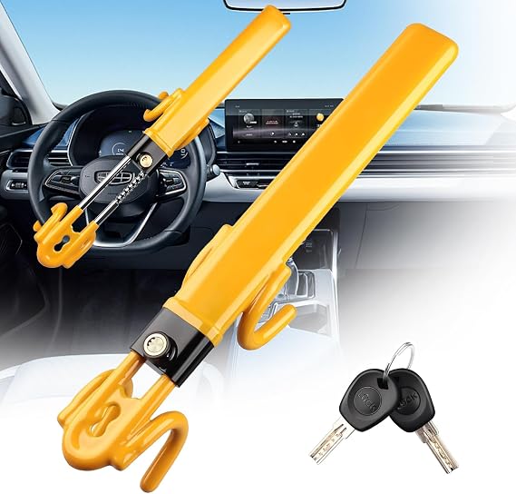 Steering Wheel Lock Twin Bar, Steering Lock, Heavy Duty Car Anti-Theft Device with High Visibility, Universal Fit, Adjustable Length, 2 Keys Included