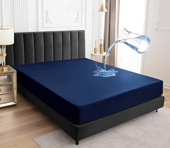 Mattress Protector Waterproof, Soft Breathable Mattress Cover Noiseless Machine Washable, 10" Deep Pocket Mattress Bed Cover, Full, Navy Blue