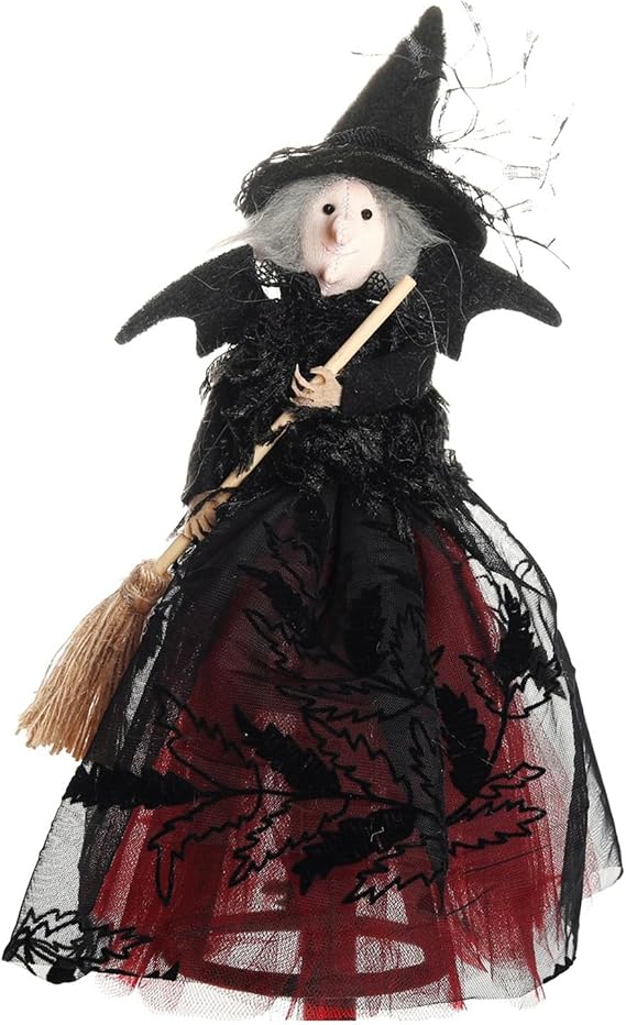 Halloween Witch Doll with Broom Small Witch Figurine with Gauze Skirt Spooky Table Centerpiece for Home Bedroom Red