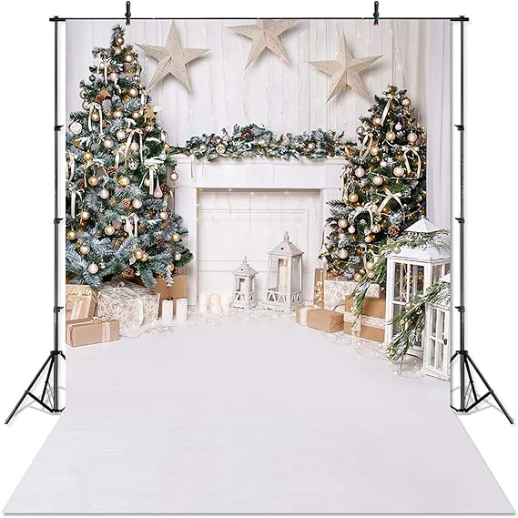 Avezano Christmas Photography Backdrop White Fireplace Portrait Photoshoot | 5x7ft, Cotton, Christmas Backdrops for Photography, Indoor Wood Floor Xmas Background for Photo Studio