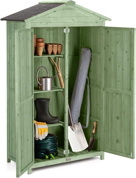 Christow Small Wooden Garden Shed, Double Door, Sage Green, 5.5ft | Space-Saving Slim Design, Configurable Shelves, Full Height Storage Section, Lockable Doors, Durable Fir Wood Construction
