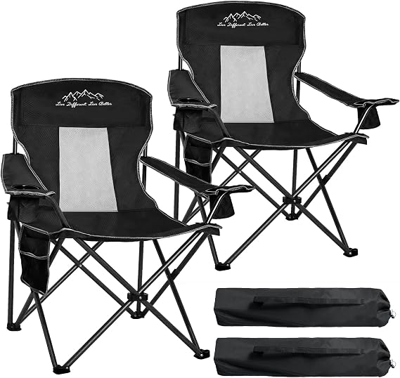 2PCS Collapsible Folding Camping Chairs Heavy Duty Lawn Foldable Chair with Cooler Bag, Storage Pocket, Waterproof Bag Outdoor Arm Sport Chair, Supports 325LBS, Black